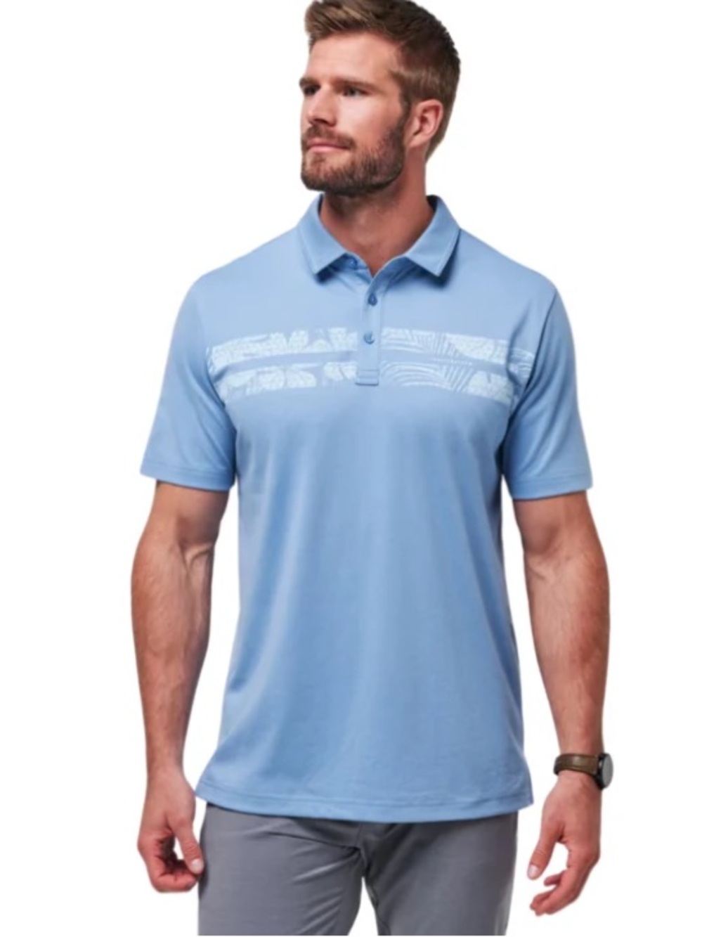 Travis Mathew Men's Sky Blue Polo with Subtle Chest Stripe